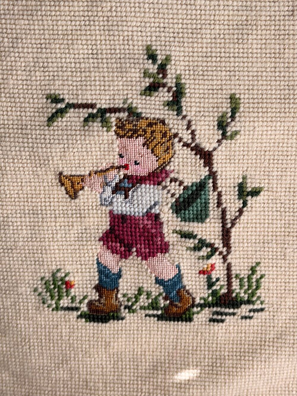 Hummel Style Needlepoint Unmounted Bugle Boy Ready to Finish Petit Point